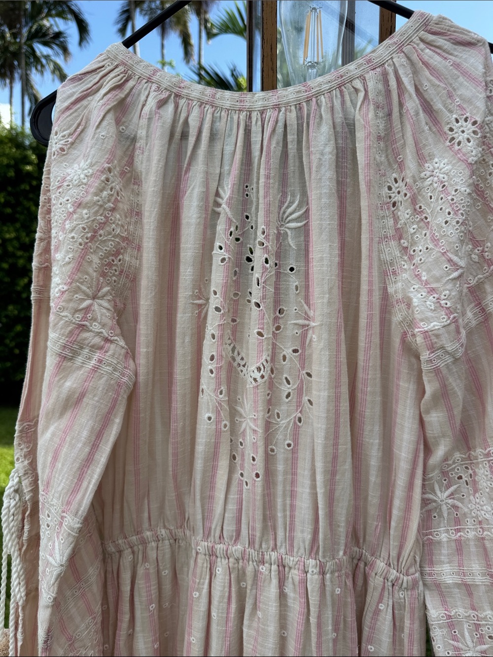 LoveShackFancy Isla Dress Pale Pink Embroidered Midi Pom Pom Tassels Slits Small - Picture 8 of 15